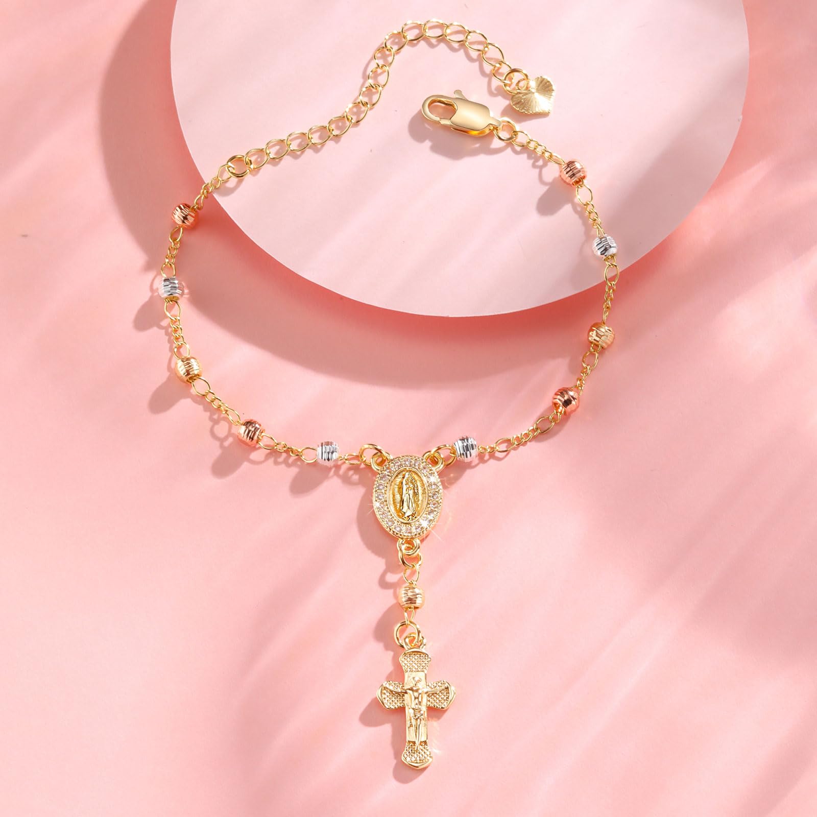 Catholic Crucifix Gifts Rosary Bracelet for Women-14K Gold Virgin Mary Jesus Cross Charm Link Chain, Dainty Virgen de Guadalupe Religious Gift for Confirmation Baptism First Communion Easter SL-048