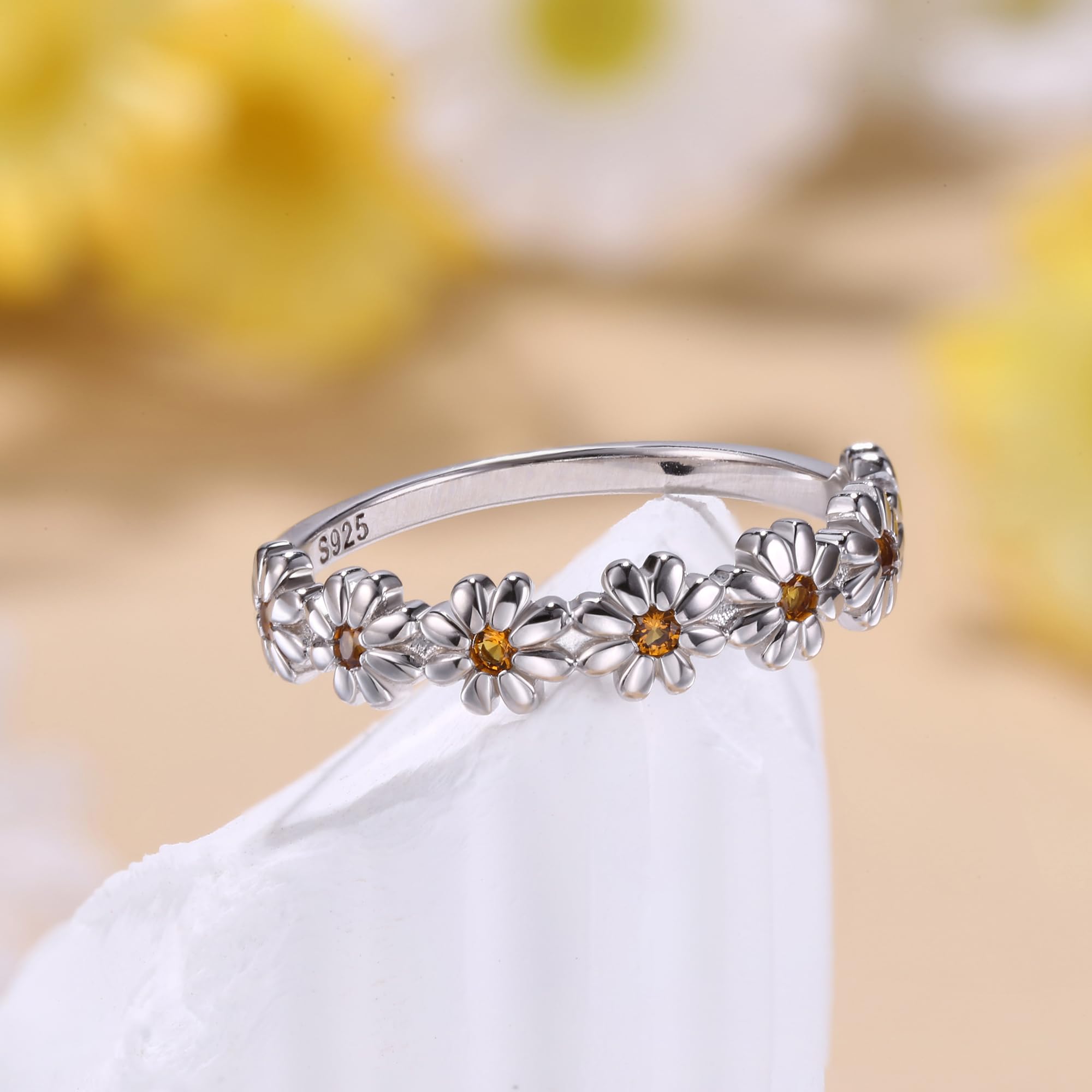 925 Sterling Silver Ring 18K Gold Plated Daisy Flower Ring Paved with Coloful Cubic Zirconia High Polished Comfort Fit Sunflower Stacking Statement Wedding Band Ring for Women JZ-027