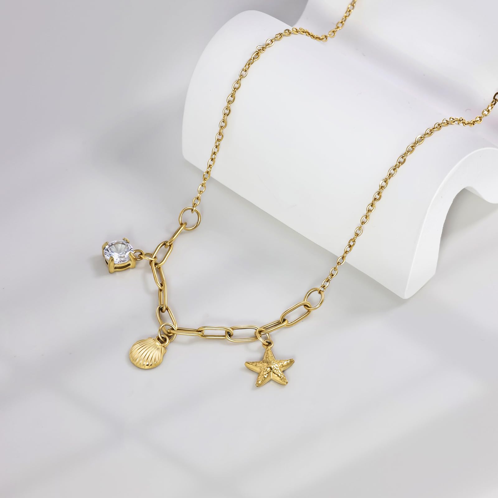 Shell Necklace for Women,14k Gold Plated Layered Starfish Conch SeaShell Pearl Pendant Charm Necklace,Non Tarnish Adjustable Stainless Steel Chain Stack Jewerly for Summer Beach Vacation XL-006