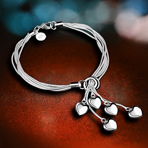 925 Sterling Silver Five-Line Chain with Five-Heart Bracelet Bangle SL-039