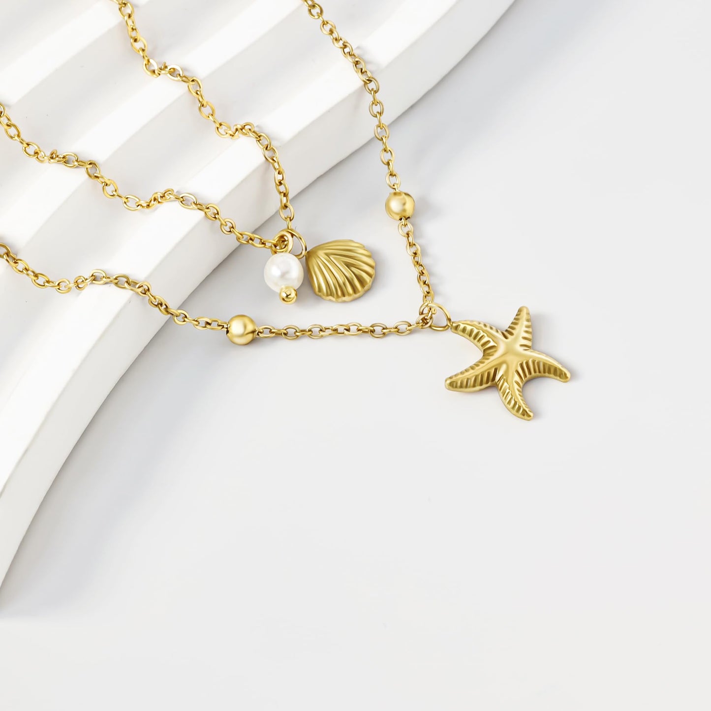 Shell Necklace for Women,14k Gold Plated Layered Starfish Conch SeaShell Pearl Pendant Charm Necklace,Non Tarnish Adjustable Stainless Steel Chain Stack Jewerly for Summer Beach Vacation XL-006
