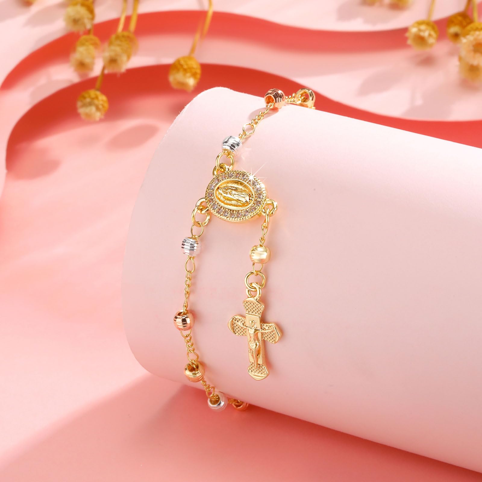 Catholic Crucifix Gifts Rosary Bracelet for Women-14K Gold Virgin Mary Jesus Cross Charm Link Chain, Dainty Virgen de Guadalupe Religious Gift for Confirmation Baptism First Communion Easter SL-048