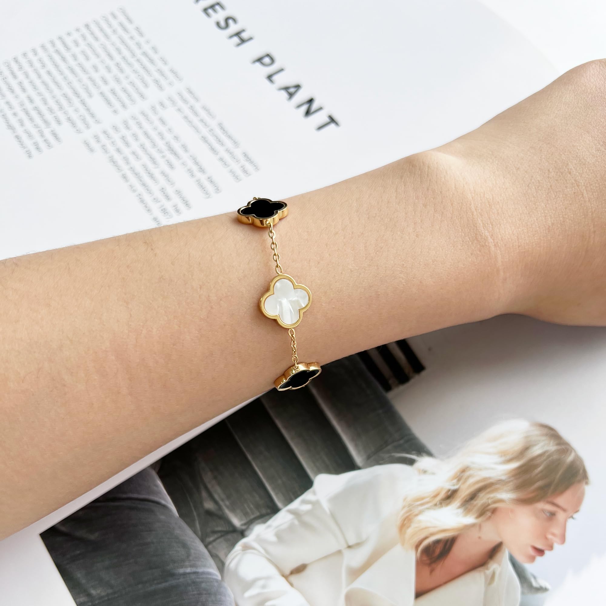 18K Gold Plated Clover Lucky Bracelet for Women White/Black/Red/Green Flower Four Leaf Link Bracelets Trendy Jewelry Gifts for Women SL-019