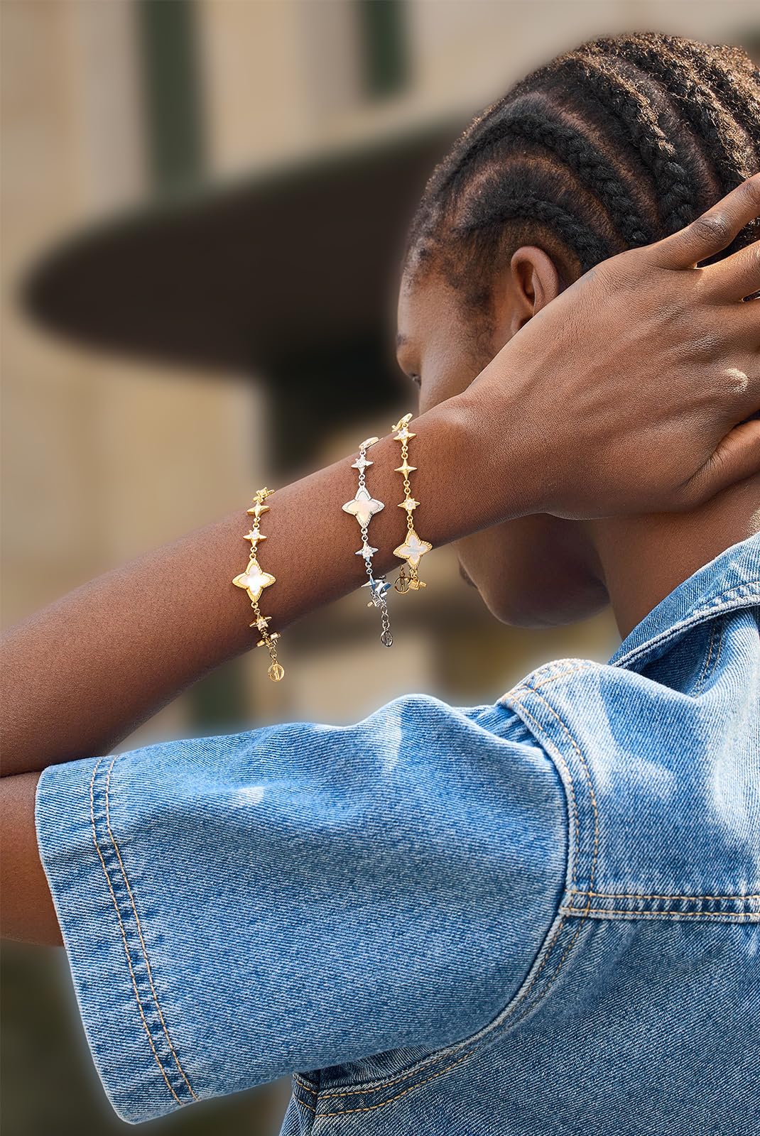 Womens 18k Gold Plated White Shell Cubic Zirconia Square Cross Adjustable Chain Link Bracelets 6.69" with 2" Extender SL-037