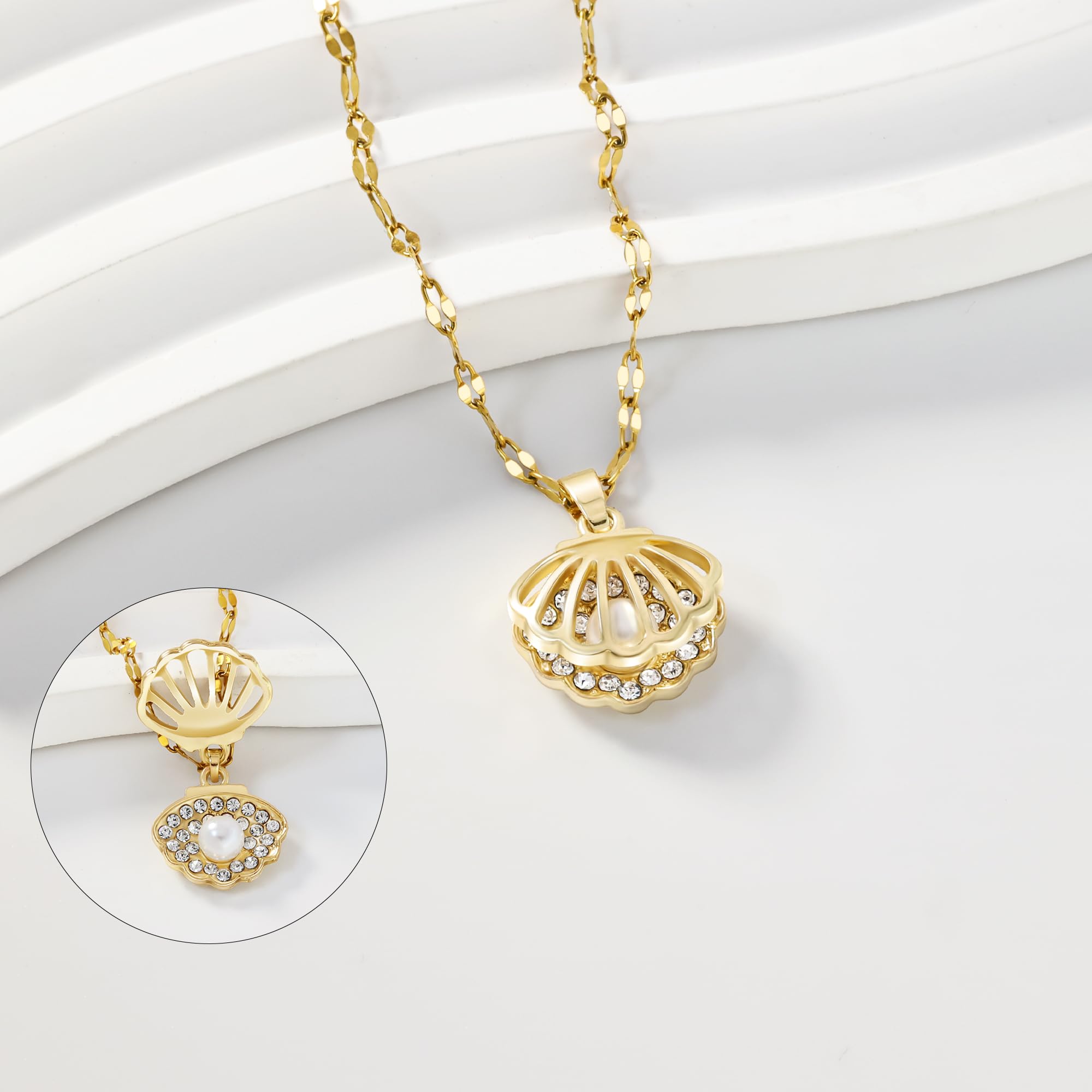 Shell Necklace for Women,14k Gold Plated Layered Starfish Conch SeaShell Pearl Pendant Charm Necklace,Non Tarnish Adjustable Stainless Steel Chain Stack Jewerly for Summer Beach Vacation XL-006