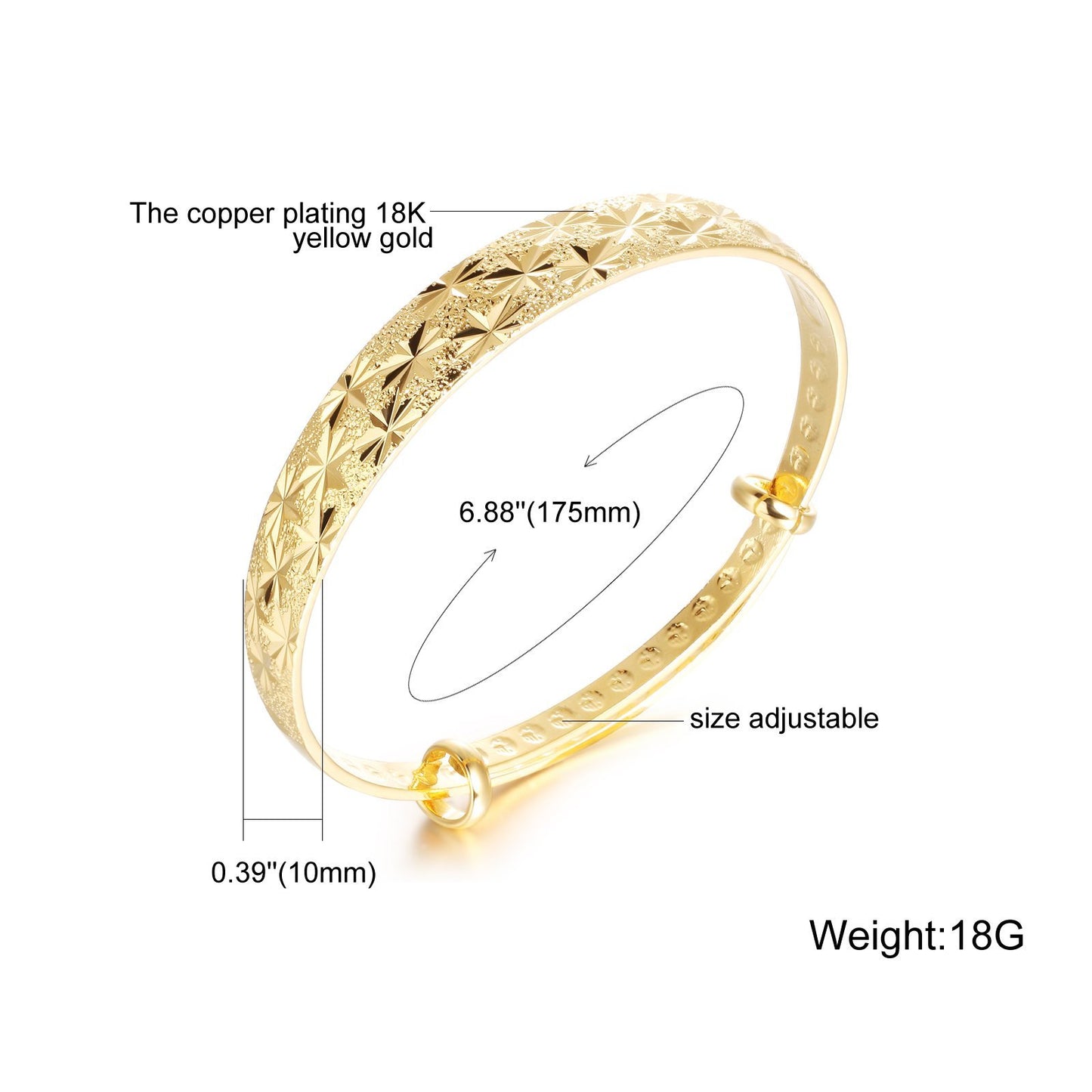 18k Yellow Gold Classical Diamond Cut Adjustable Bangle Bracelet for Women SL-015