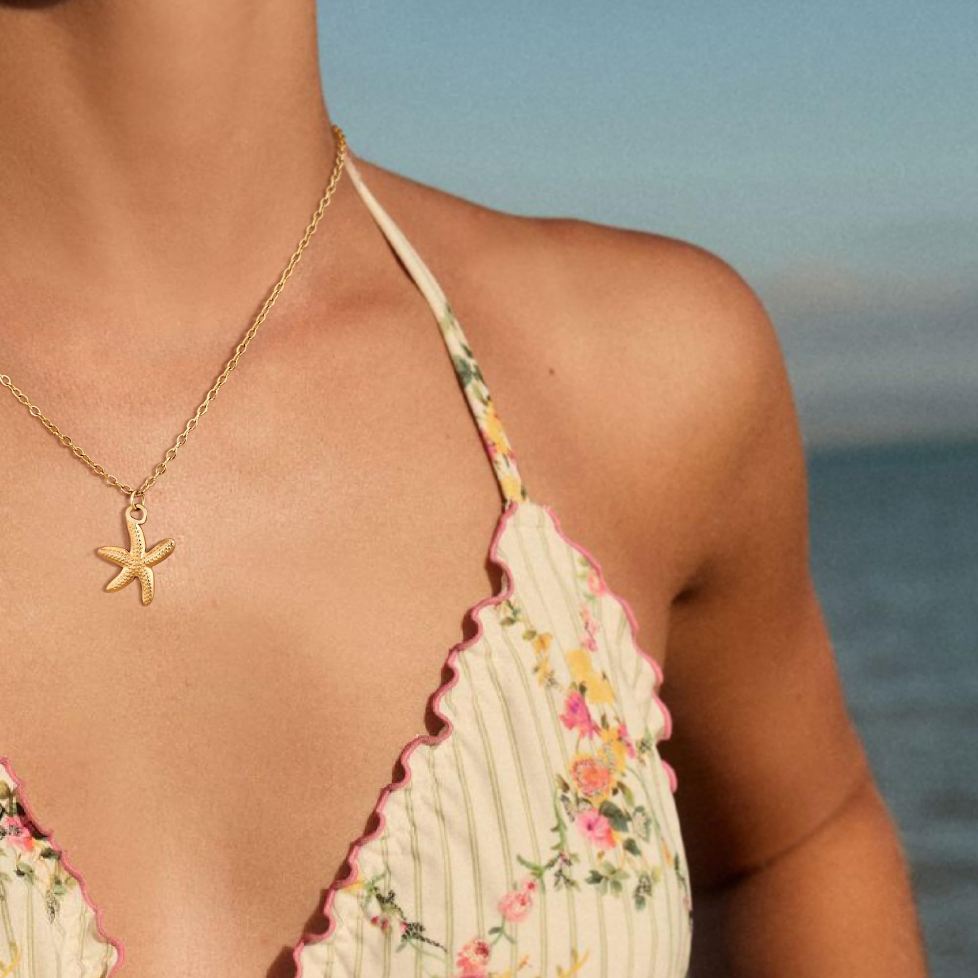 Shell Necklace for Women,14k Gold Plated Layered Starfish Conch SeaShell Pearl Pendant Charm Necklace,Non Tarnish Adjustable Stainless Steel Chain Stack Jewerly for Summer Beach Vacation XL-006