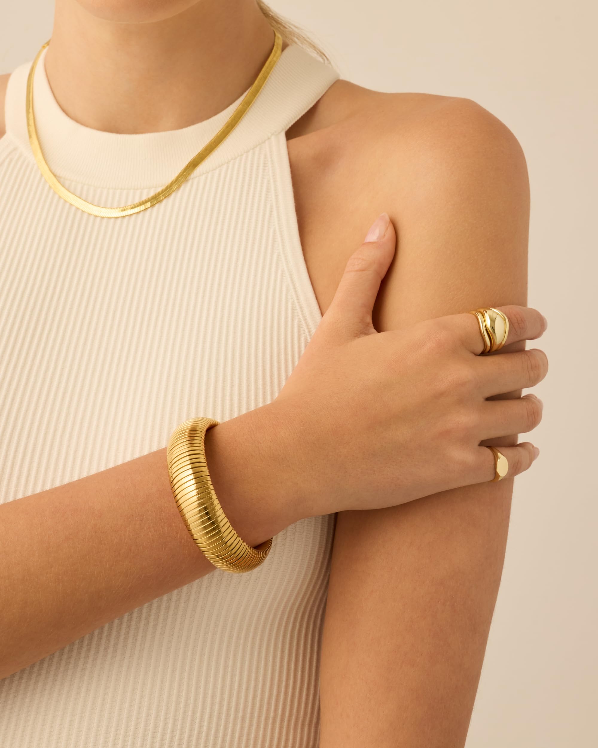 Stainless Steel 14K Gold Plated Waterproof Flexible Stretch Chunky Bangle for Women | Cobra Bracelet SL-012