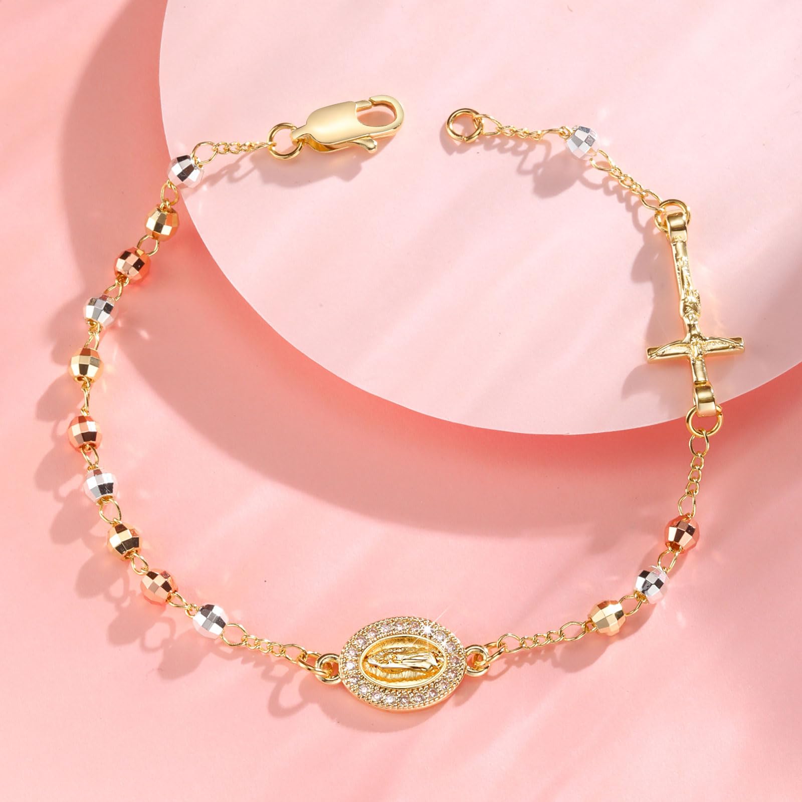 Catholic Crucifix Gifts Rosary Bracelet for Women-14K Gold Virgin Mary Jesus Cross Charm Link Chain, Dainty Virgen de Guadalupe Religious Gift for Confirmation Baptism First Communion Easter SL-048