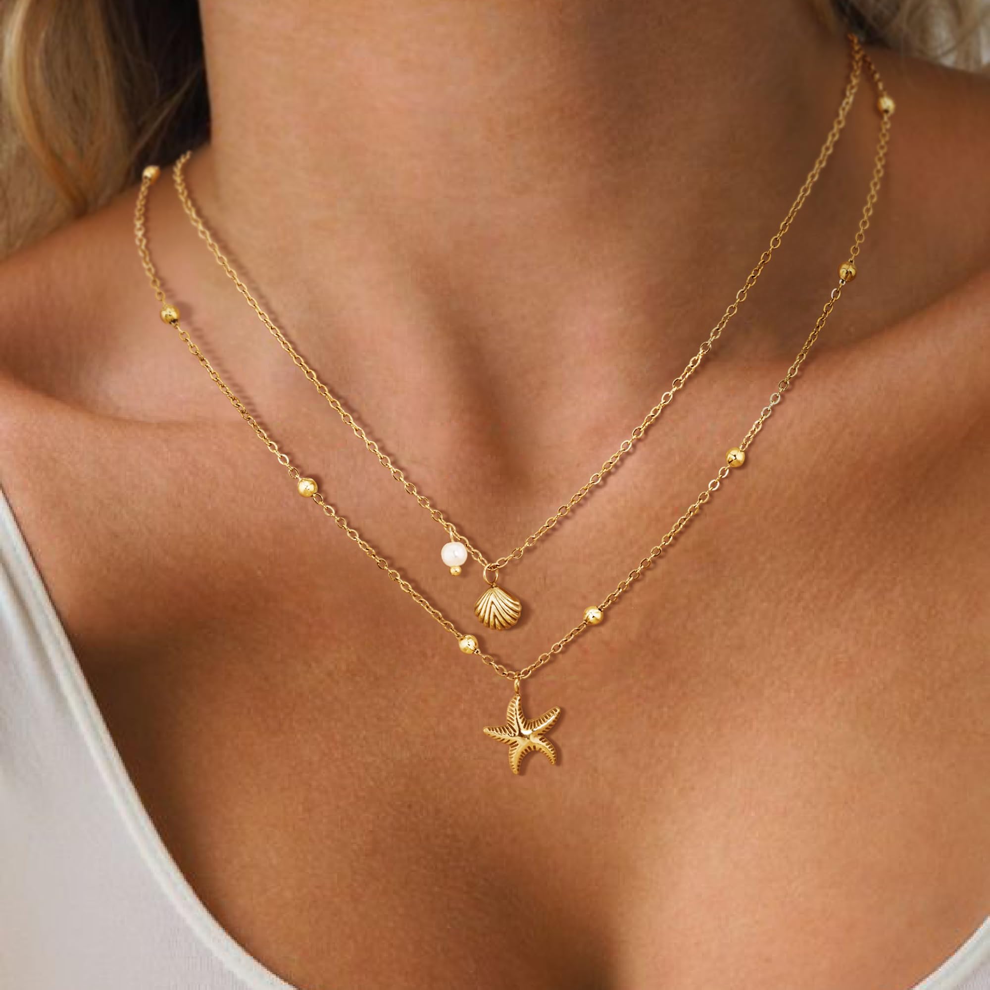 Shell Necklace for Women,14k Gold Plated Layered Starfish Conch SeaShell Pearl Pendant Charm Necklace,Non Tarnish Adjustable Stainless Steel Chain Stack Jewerly for Summer Beach Vacation XL-006
