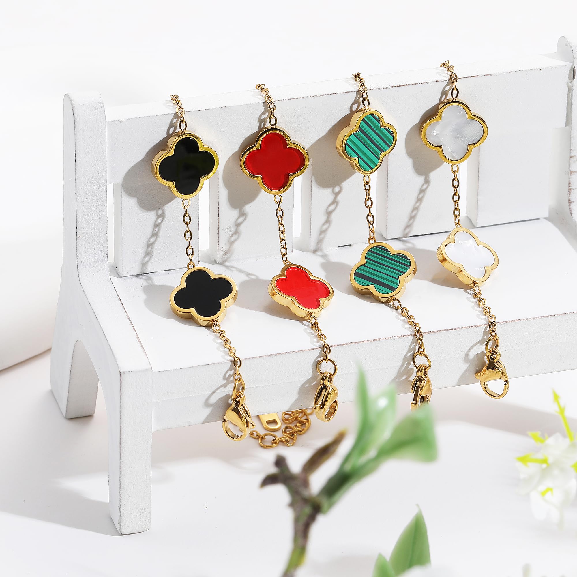 18K Gold Plated Clover Lucky Bracelet for Women White/Black/Red/Green Flower Four Leaf Link Bracelets Trendy Jewelry Gifts for Women SL-019