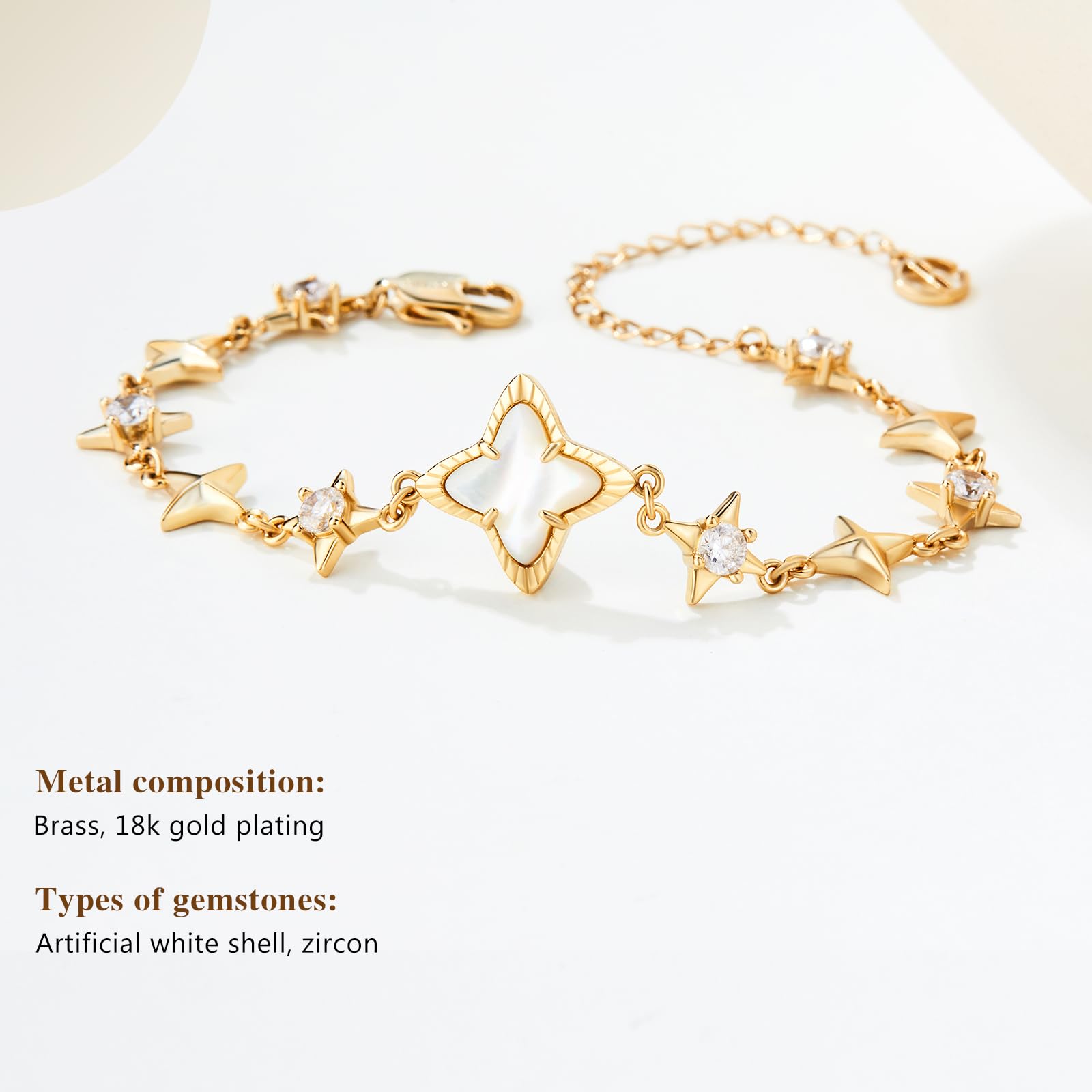 Womens 18k Gold Plated White Shell Cubic Zirconia Square Cross Adjustable Chain Link Bracelets 6.69" with 2" Extender SL-037