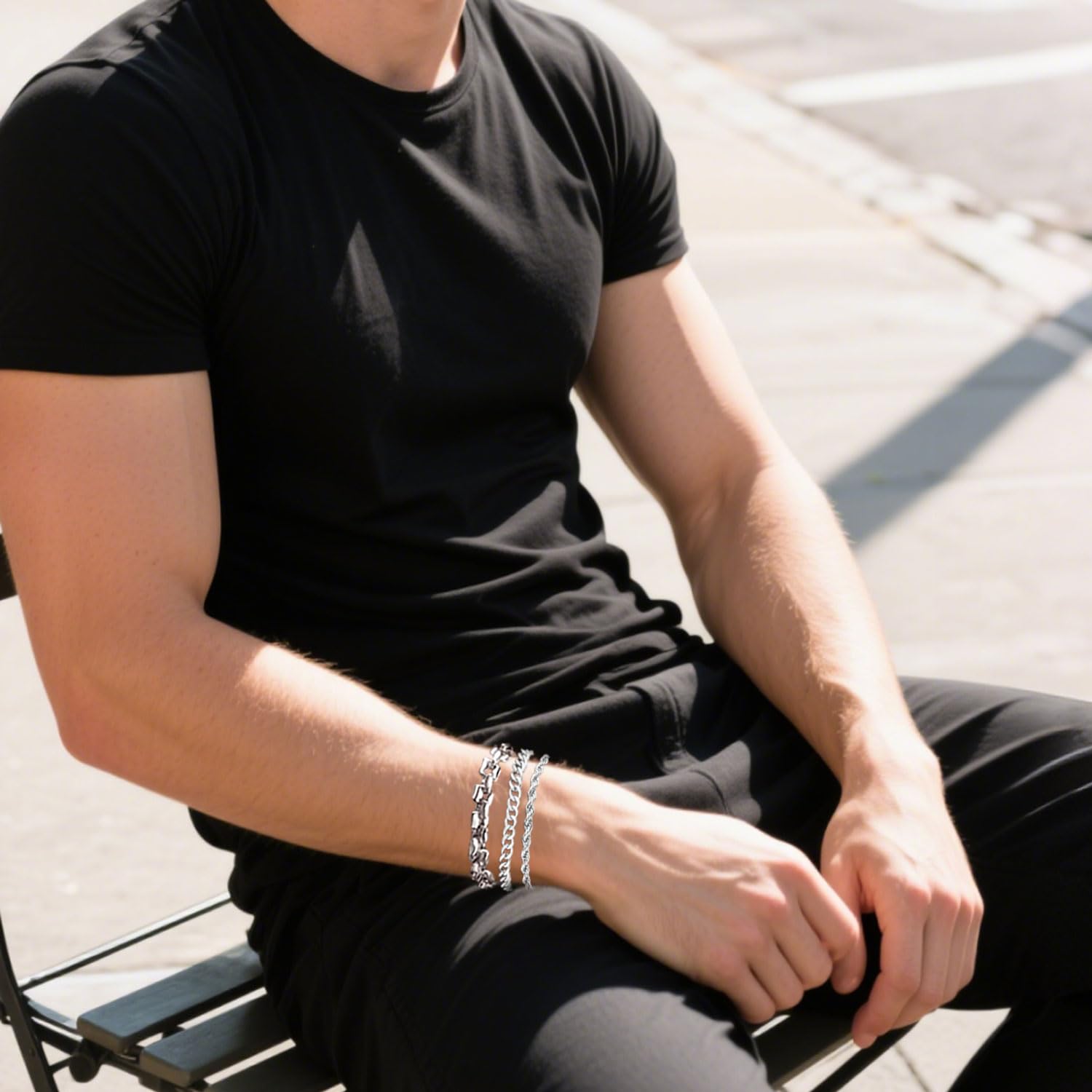 3Pcs Chain Bracelets for Men Women Stainless Steel Paperclip Figaro Rope Cuban Link Chain 6.7/7.5/8.3Inches Unisex Wrist Jewelry Gift SL-007