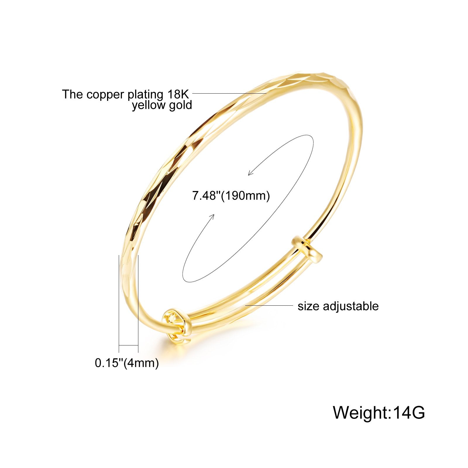 18k Yellow Gold Classical Diamond Cut Adjustable Bangle Bracelet for Women SL-015