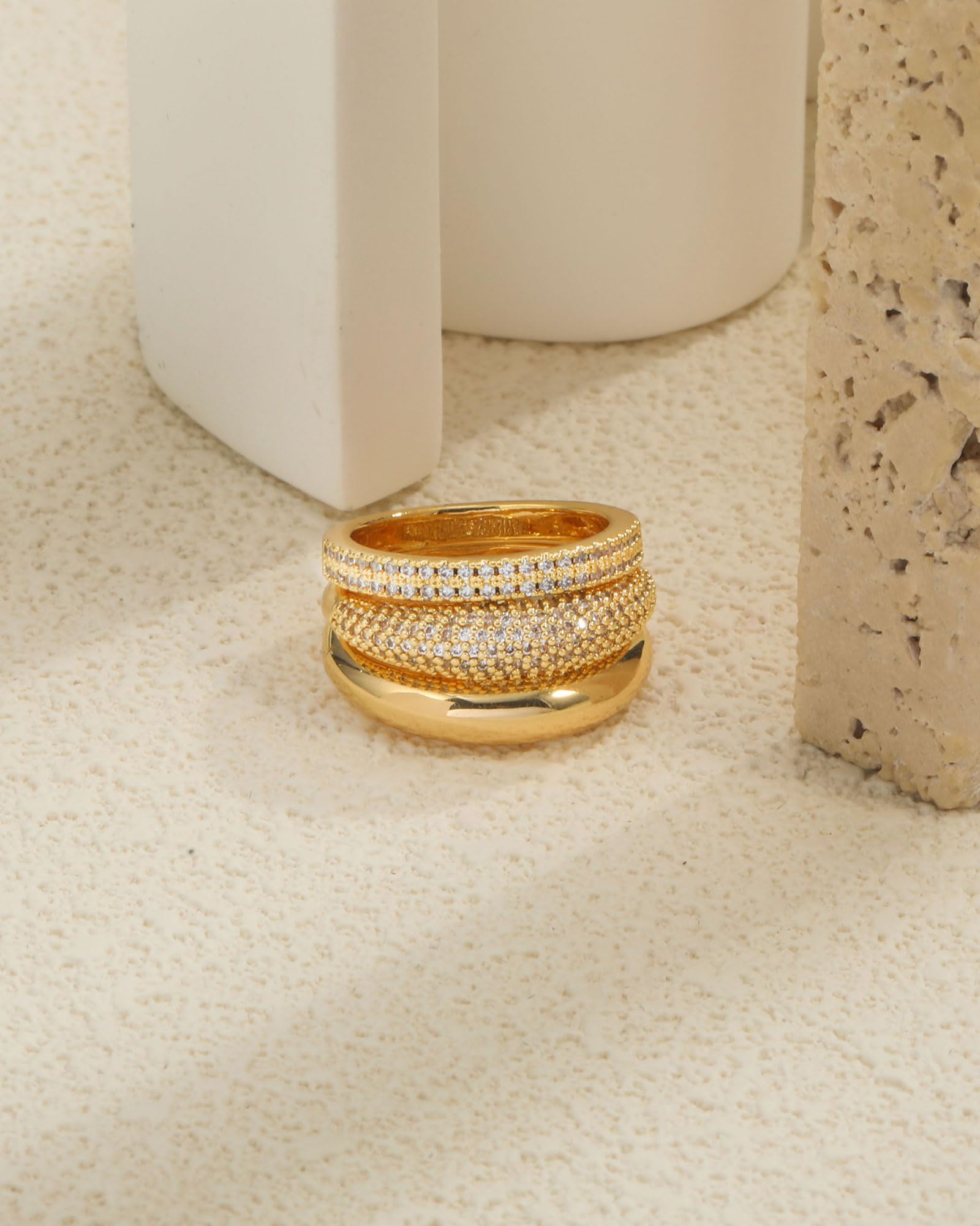 Stackable Gold Rings for Women Non Tarnish Chunky 14K Gold Plated Rings that Don't Tarnish Engagement Cubic Zirconia Ring Set Stack Dainty Pinky Wedding Bands Thumb Rings Gold Jewelry Size 6-11 JZ-026