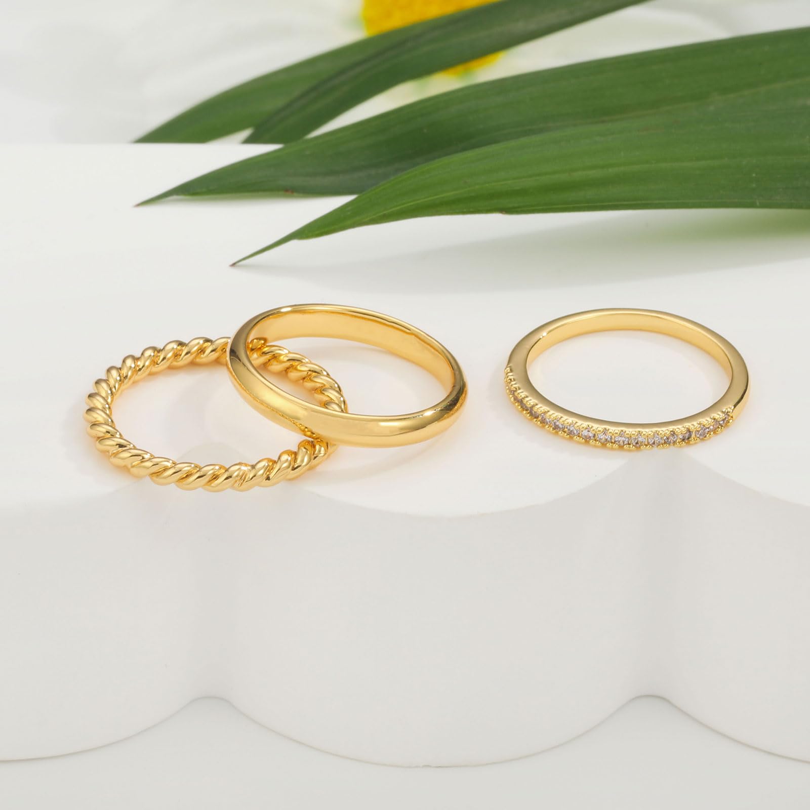 Stackable Gold Rings for Women Non Tarnish Chunky 14K Gold Plated Rings that Don't Tarnish Engagement Cubic Zirconia Ring Set Stack Dainty Pinky Wedding Bands Thumb Rings Gold Jewelry Size 6-11 JZ-026