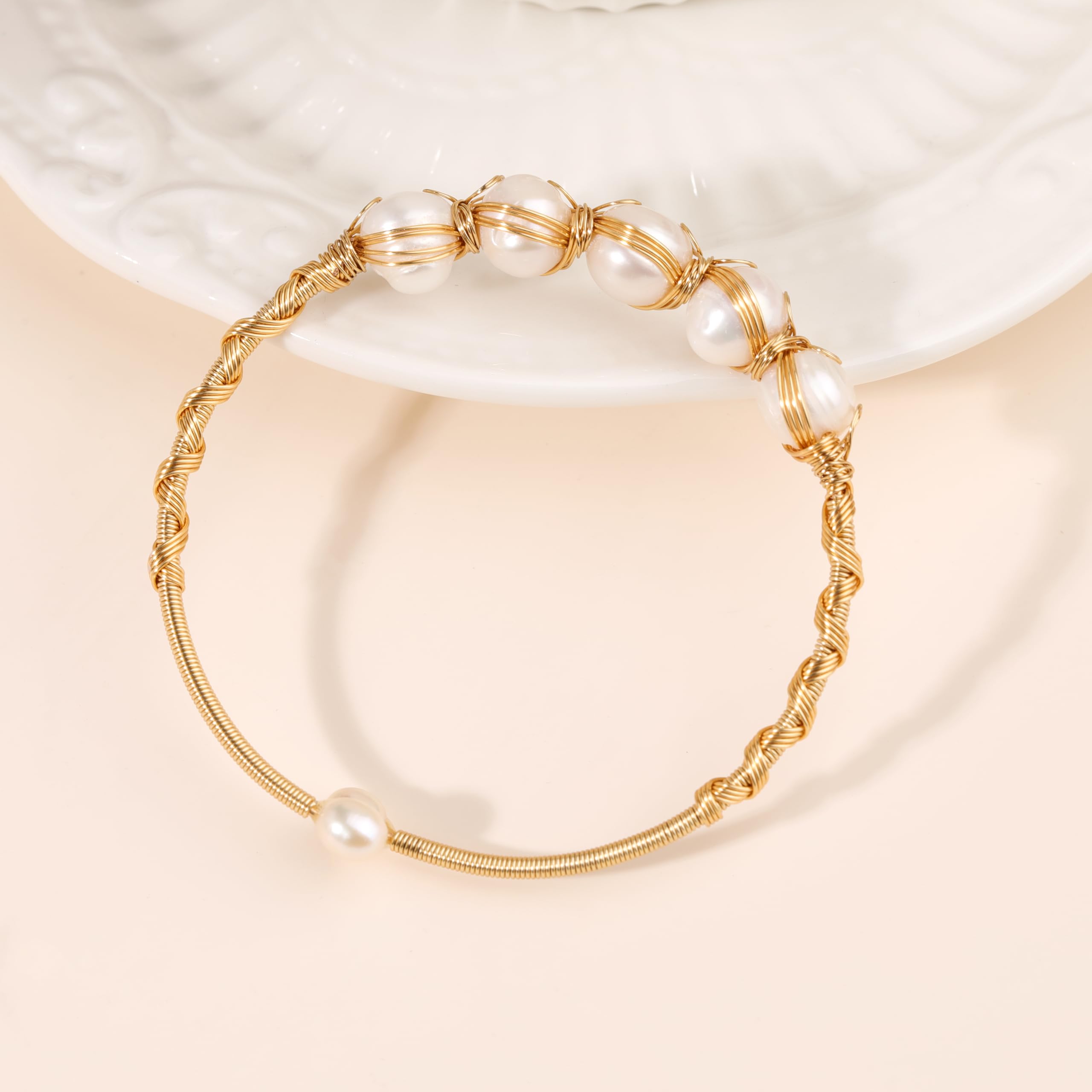 Pearls Bracelets for Women, Natural Freshwater Pearls Bracelets Jewelry Bangle, Lucky Jewelry for Mom Lover Her (14K Gold Plated) SL-013