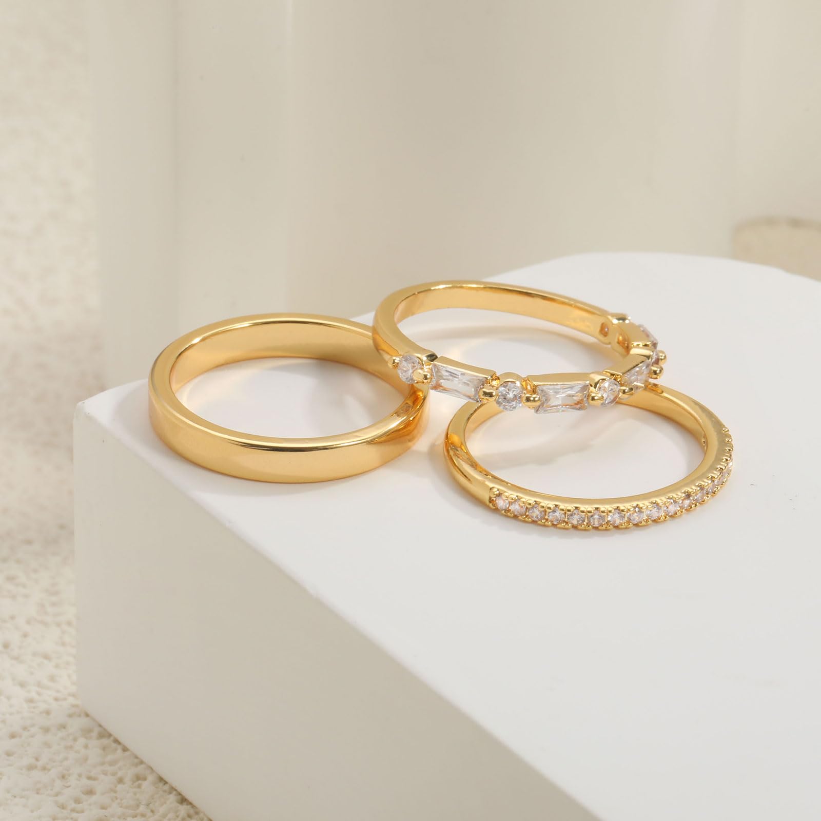 Stackable Gold Rings for Women Non Tarnish Chunky 14K Gold Plated Rings that Don't Tarnish Engagement Cubic Zirconia Ring Set Stack Dainty Pinky Wedding Bands Thumb Rings Gold Jewelry Size 6-11 JZ-026