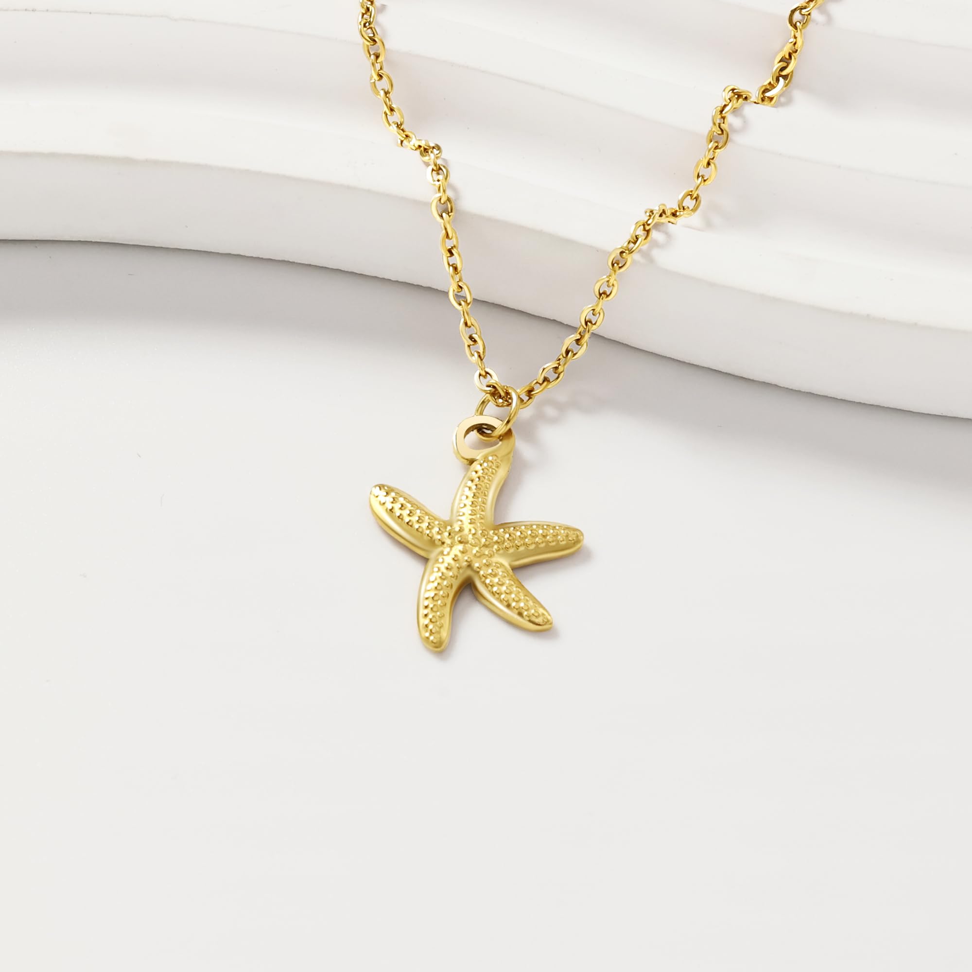 Shell Necklace for Women,14k Gold Plated Layered Starfish Conch SeaShell Pearl Pendant Charm Necklace,Non Tarnish Adjustable Stainless Steel Chain Stack Jewerly for Summer Beach Vacation XL-006