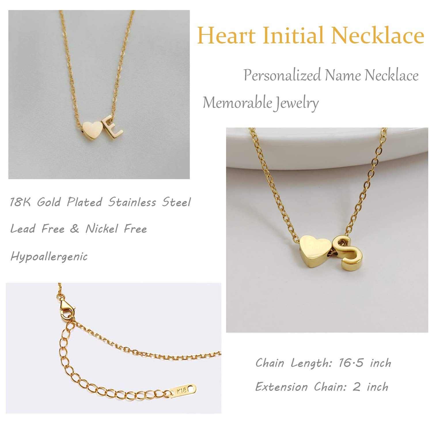 Initial Heart Necklace 18K Gold Plated Stainless Steel Tiny Heart Letter Necklace Personalized Monogram Name Necklace for Women XL-009