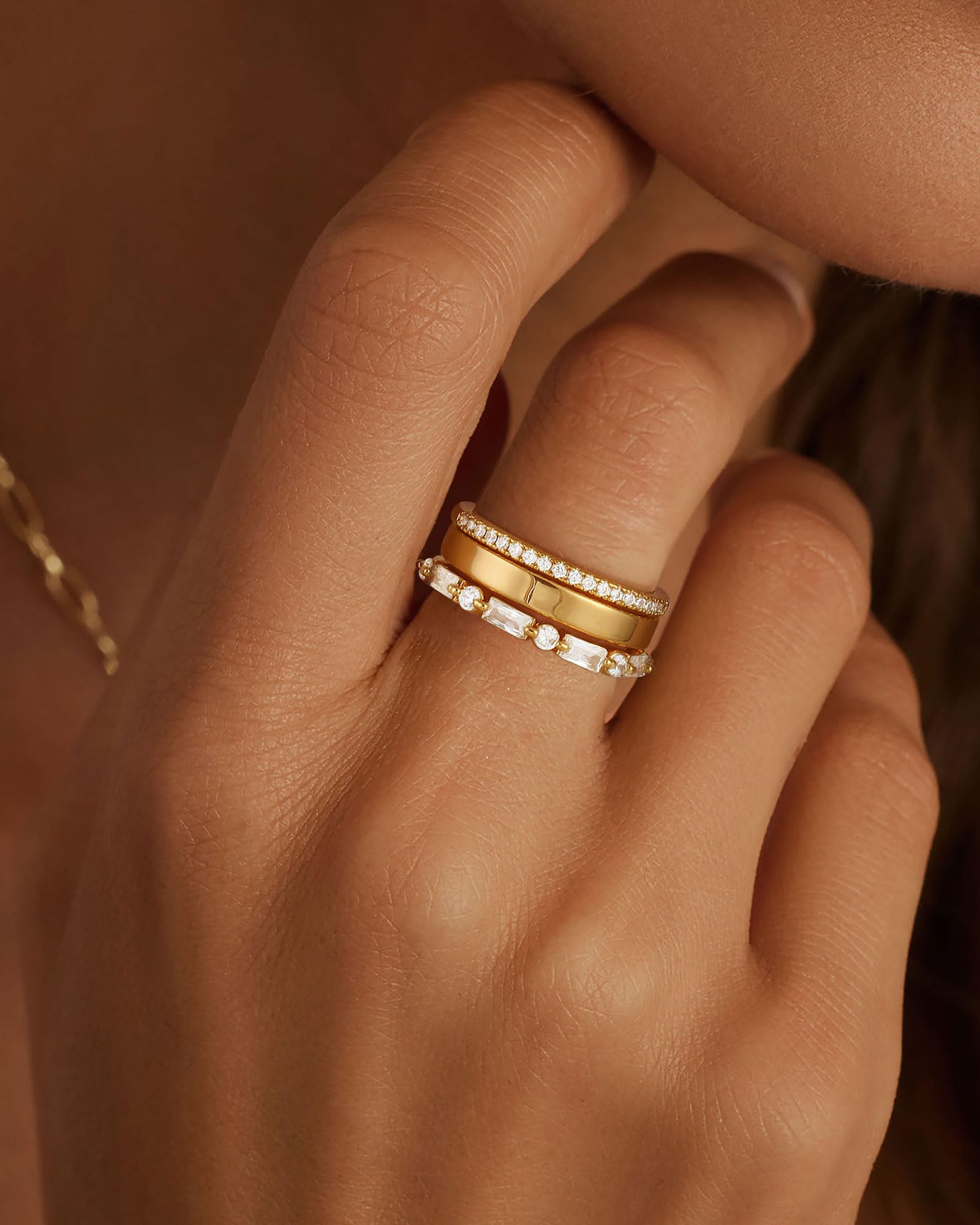 Stackable Gold Rings for Women Non Tarnish Chunky 14K Gold Plated Rings that Don't Tarnish Engagement Cubic Zirconia Ring Set Stack Dainty Pinky Wedding Bands Thumb Rings Gold Jewelry Size 6-11 JZ-026