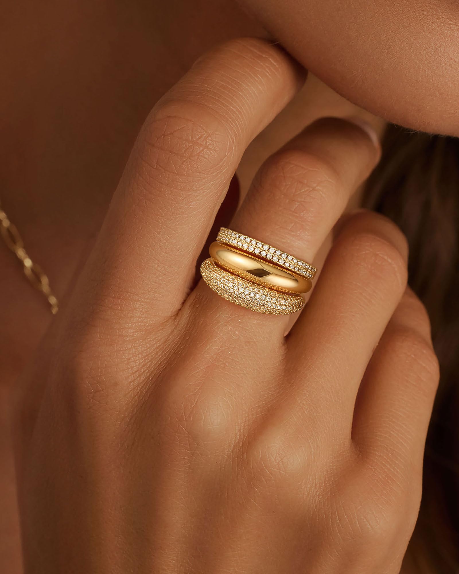 Stackable Gold Rings for Women Non Tarnish Chunky 14K Gold Plated Rings that Don't Tarnish Engagement Cubic Zirconia Ring Set Stack Dainty Pinky Wedding Bands Thumb Rings Gold Jewelry Size 6-11 JZ-026