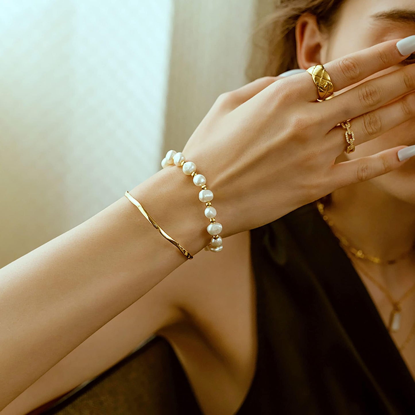 Pearl Bracelet Chain Link Baroque Culture  14K Gold Filled Adjustable Fashion Valentine Charm Dainty Handmade Jewelry for Women Wife Mother SL-046