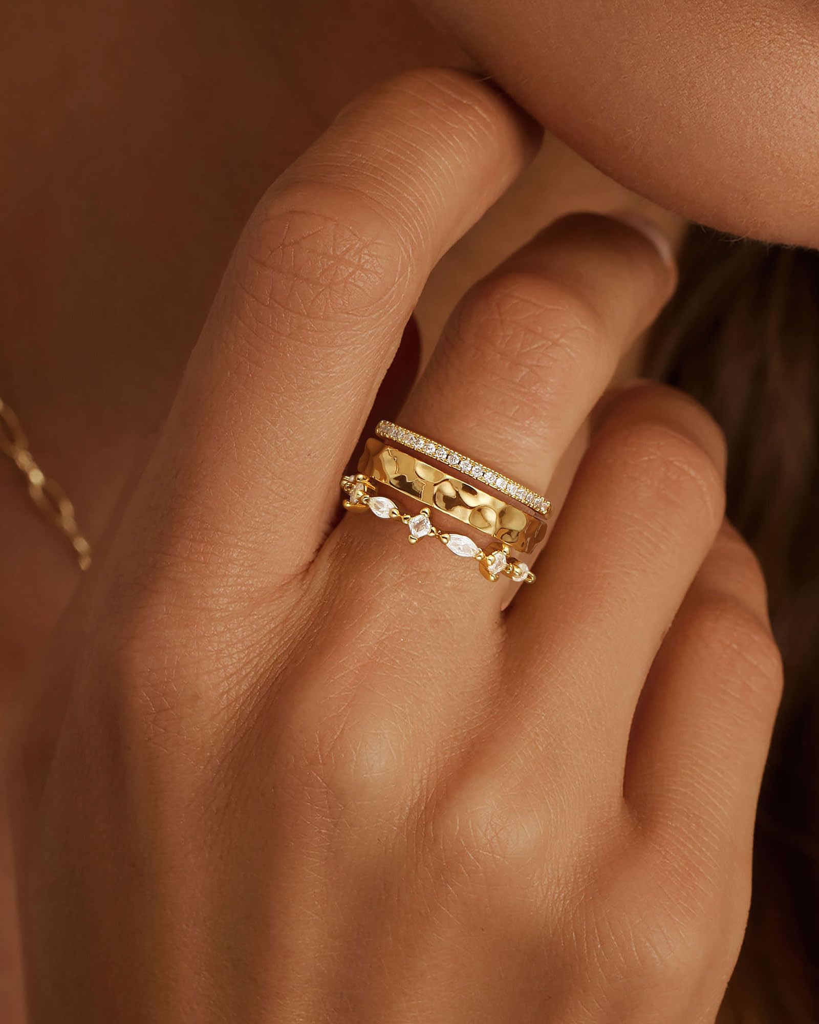 Stackable Gold Rings for Women Non Tarnish Chunky 14K Gold Plated Rings that Don't Tarnish Engagement Cubic Zirconia Ring Set Stack Dainty Pinky Wedding Bands Thumb Rings Gold Jewelry Size 6-11 JZ-026