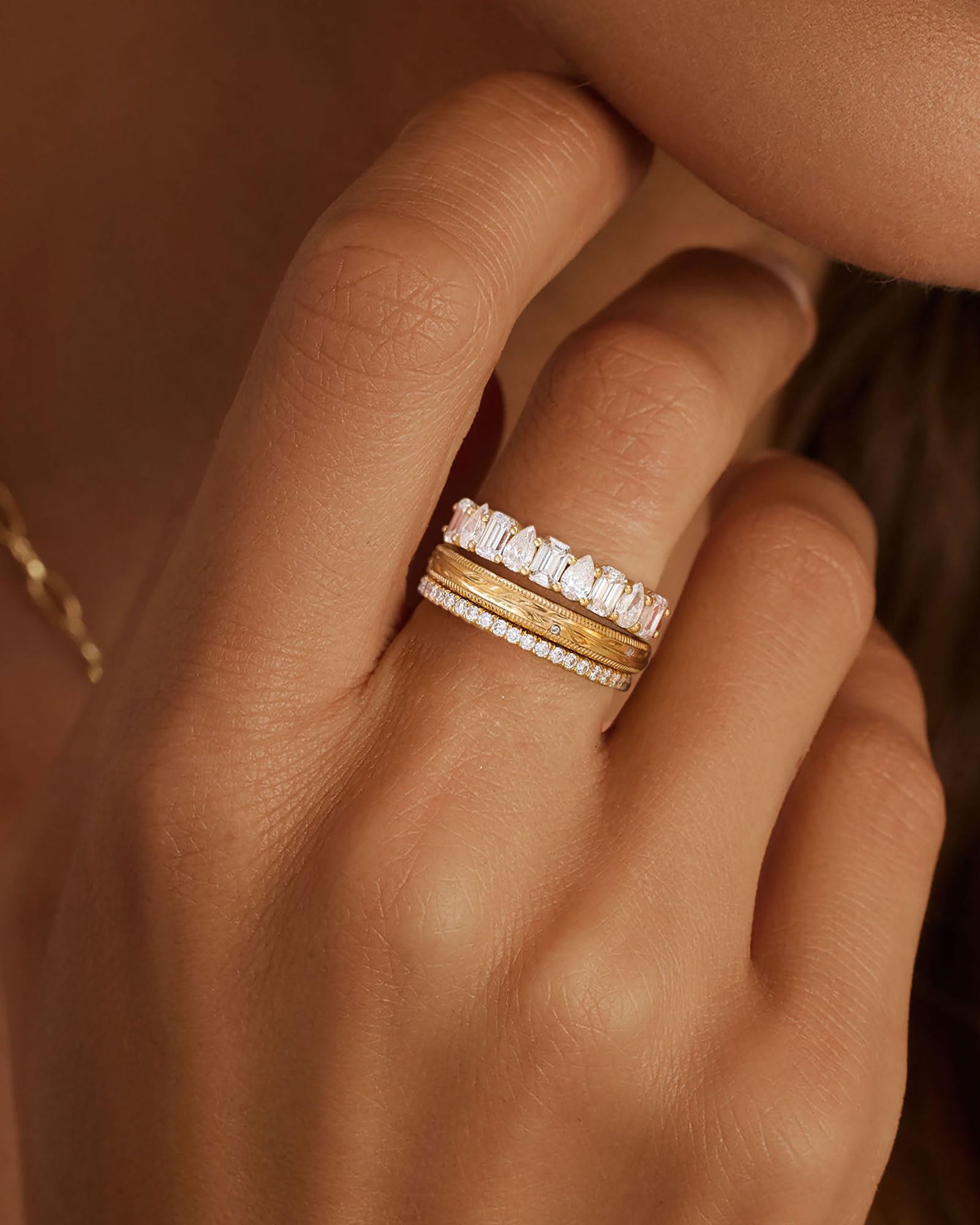 Stackable Gold Rings for Women Non Tarnish Chunky 14K Gold Plated Rings that Don't Tarnish Engagement Cubic Zirconia Ring Set Stack Dainty Pinky Wedding Bands Thumb Rings Gold Jewelry Size 6-11 JZ-026