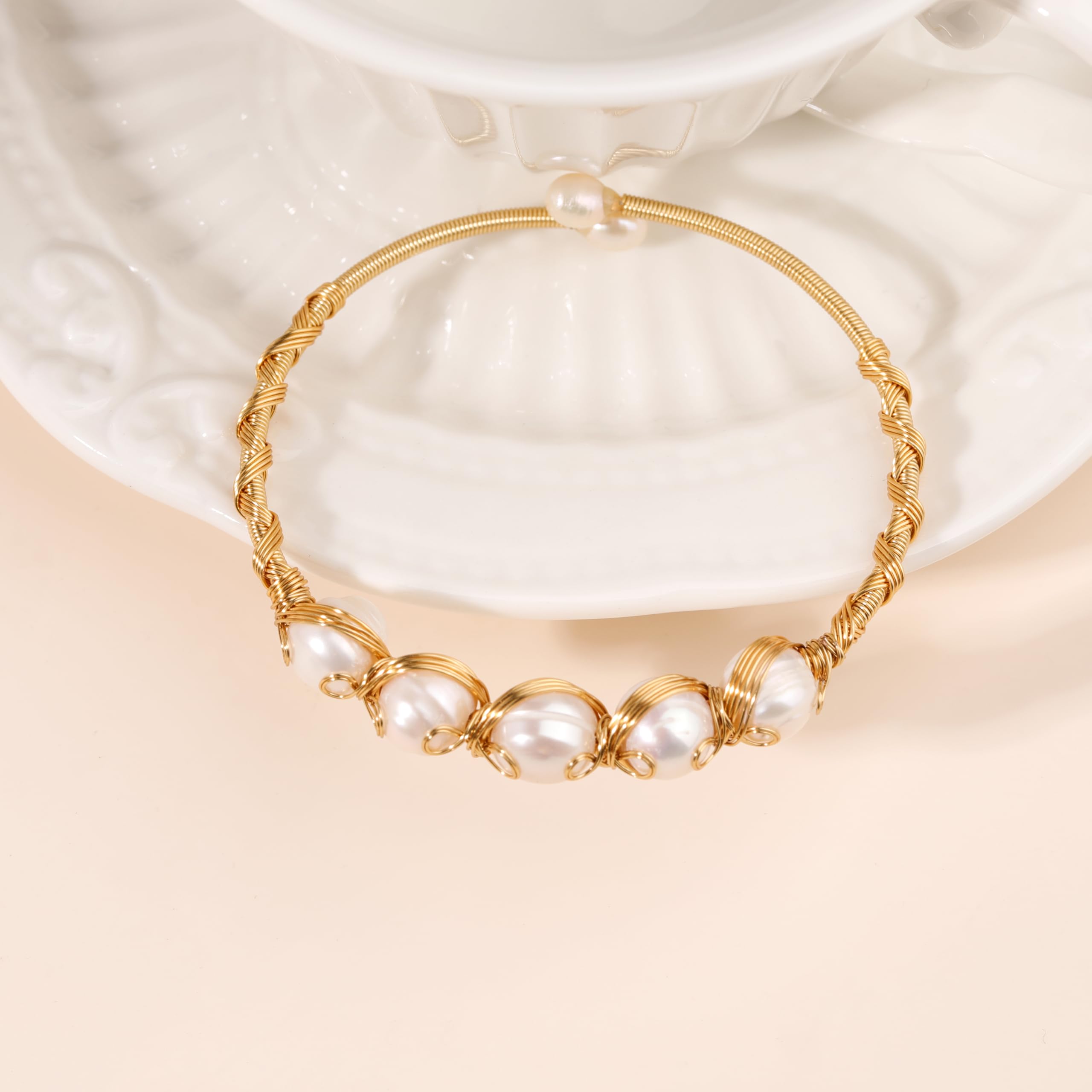 Pearls Bracelets for Women, Natural Freshwater Pearls Bracelets Jewelry Bangle, Lucky Jewelry for Mom Lover Her (14K Gold Plated) SL-013