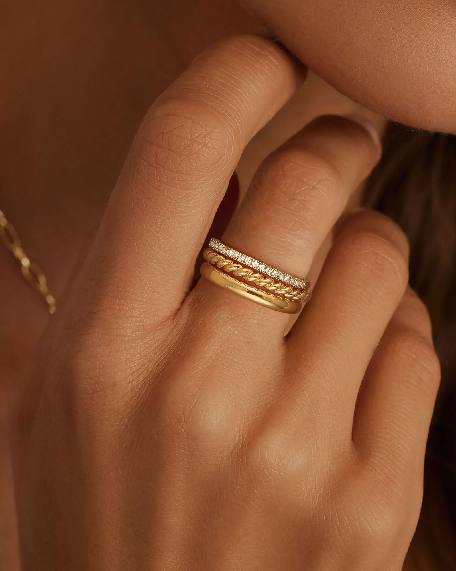 Stackable Gold Rings for Women Non Tarnish Chunky 14K Gold Plated Rings that Don't Tarnish Engagement Cubic Zirconia Ring Set Stack Dainty Pinky Wedding Bands Thumb Rings Gold Jewelry Size 6-11 JZ-026