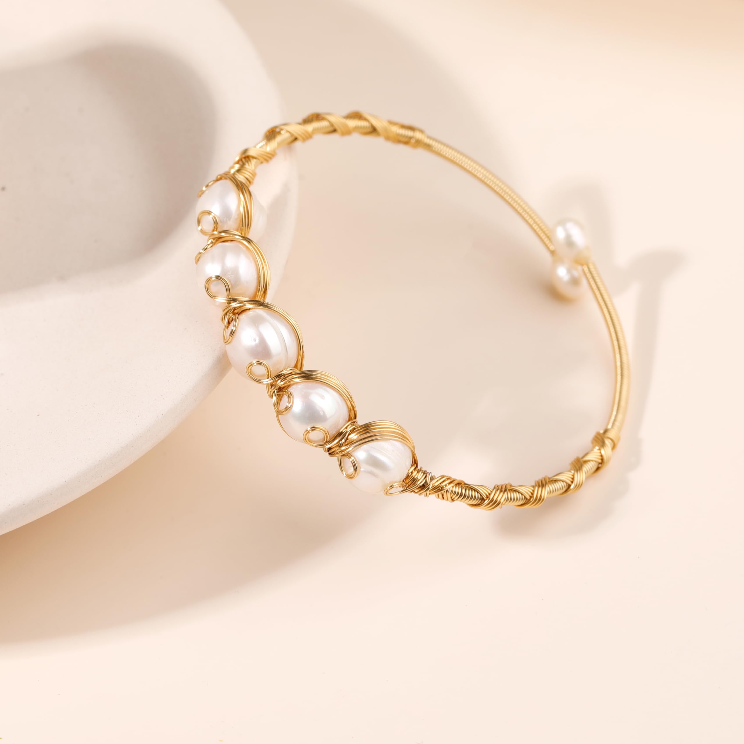 Pearls Bracelets for Women, Natural Freshwater Pearls Bracelets Jewelry Bangle, Lucky Jewelry for Mom Lover Her (14K Gold Plated) SL-013