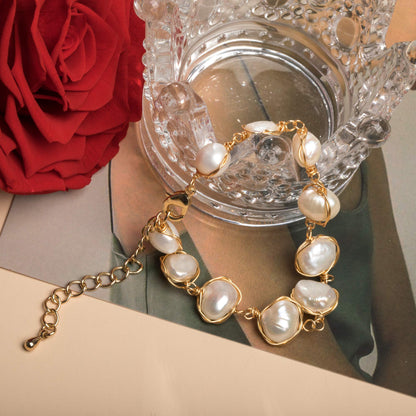 Pearl Bracelet Baroque Cultured Handmade Wind Bossimi 18K Gold Plated Work Around Silk Adjustable Charm Fashion Valentine Delicate Vintage Jewelry SL-050